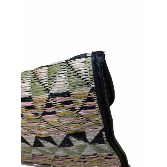 BCBGeneration Straw Purse Clutch Aztec Envelope Foldover Leather Trim Pink Blk - Picture 6 of 9